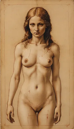 Leonardo da Vinci anatomical study, female torso dissection, musculature, reproductive system, circulatory mapping, Scientific artistry, fine ink cross-hatching, red chalk for organs, indigo wash for veins, Aged parchment with foxing stains, mirror writing annotations in sepia ink, Vitruvian-inspired pose overlay showing proportions, Characteristic details, uterine study, breast anatomy as glandular structure, Palette, sanguine red, bone white, parchment ivory, indigo blue, Textured paper with quill scratches, (wax stains), erotic, full nudity, style of Leonardo da Vinci, <lora:sketch_it:.8>, <lora:tbh191-sdxl:.8>