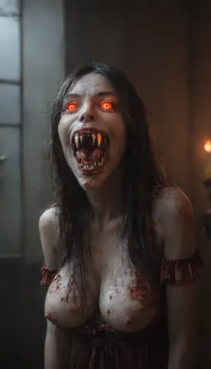 masterpiece, score_9, score_8_up, score_7_up, 1girl, from below, beautiful sexy terrifying vampire woman in a black dress leaning over the viewer inside a dark room at night, medium shot, (standing and lunging forward), threatening pose, ((bright red glowing eyes:1.9)), (stunning pale white-skinned vampire woman with long flowing black hair and wearing a black brocaded dress), slender very tall body, (ghastly pale pale white skin), (blood-soaked mouth with vampire fangs dripping blood:1.2), (((very very long vampire fangs:1.9))), hungry expression, large naturally sagging breasts with prominent pale nipples, hawkish nose, tall tall face, black eyebrows, strong cheekbones, (hairy bush), ((black brocaded dress)), downblouse, face focus, cleavage, nighttime, inside a very dark room with stone walls at night, dim lighting, very aesthetic, subsurface scattering, decaying skin texture, rotted skin texture, detailed skin texture, skindentation, vampire woman, insane level of detail, horror, scene, dark, glowing, eyes, rooms, girl, gore, Perfect, Fangs, fangs, sharp, teeth, fang, <lora:Mistress_of_the_night-000016:.5>, <lora:3cfdf102b8e09e99ae7eb77b194d9459:1.7>, <lora:MJ52:1.7>, <lora:Unfazed vampire - XL SDXL V1.0:1>