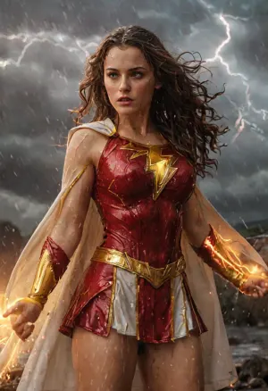 1girl, masterpiece, HQ photo, movie poster, gorgeous sexy busty brunette coed standing in pouring rain, thunderstorm, red and gold shazamsuit, (Shazam uniform with gold lightning bolt on chest), white cape, hair and costume soaked, thin clothing, 8k, UHD, HDRI cinematic, soakingwetclothes, <lora:MJ52:.8>, <lora:soakingwetclothesXL:.6>