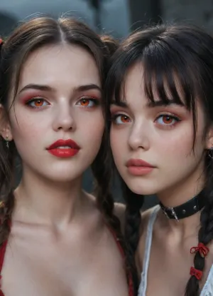 (((two 18 year old vampire girls))), midevil, glowing red eyes, black eyeshadow, sad face, closed mouth, one with black hair with rainbow hair, pigtails, red lipstick, vampire, vampire teeth, K-9 fangs, in a dark graveyard, bound in chains, pale skin, pale, skin, <lora:Pale_Skin_SDXL_v1.0:.8>, supermodel, face, big, lips, <lora:Beautify-Supermodel-SDXL:.8>, <lora:ahxl_v1:.8>, Subspecies, style, <lora:Subspecies style:.8>