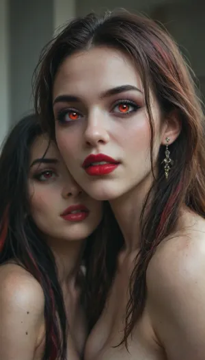 Two 18 year old vampire sisters, very long black and rainbow hair, red lipstick, glowing red eyes, black eyeliner, black eyelashes, black eyeshadow, <lora:Halloween_Series_Scary_Vampire-000009:.8>, <lora:Stunning_eyes_2:.8>, <lora:Dead_Beauty:.8>