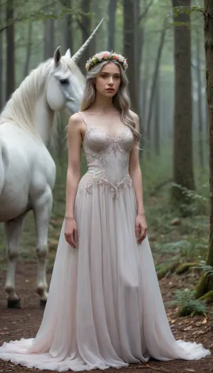 A young, pale-skinned woman, likely in her teenage years, with long, flowing, light gray hair adorned with a delicate floral crown, stands beside a majestic white unicorn. Her expression is serene and thoughtful, her gaze directed slightly downward. She wears a flowing, light beige gown with subtle, multicolored patterns. The dress has a layered, intricate design, giving a sense of ethereal delicacy. The unicorn, a majestic, light gray or white color, is depicted with realistic detail and stands beside her, both figures positioned amidst a dark, misty forest. The setting is a misty, swampy woodland, with ancient, gnarled, dark trees and fallen logs dominating the background. A large, ominous, dark-gray castle is visible in the distance, seemingly built into the dense forest. The colors are muted, predominantly earth tones with hints of pale gray, beige, and dusky rose, creating a dreamlike, mysterious mood. The artwork's style is evocative of a dark fantasy painting. The brushstrokes are visible and expressive, contributing to a painterly, textured quality. The overall atmosphere is melancholic, evoking a sense of quiet wonder and ancient mysteries, with a heavy use of muted colors. A slightly low angle perspective, emphasizing the tall figures and grandeur of the setting, and dripping effects on the painting enhance its dreamy nature.
