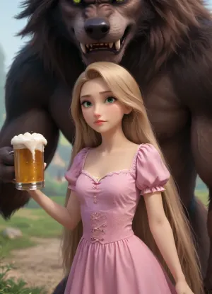 Rapunzel has small tits. Rapunzel is wearing a torn pink dress. Rapunzel holding a beer. Werewolf lifts up Rapunzel's skirt.
Side view, high resolution, best quality, masterpiece, perfect green eyes, focused eyes, perfect face, small natural tits, expressive eyes, beautiful face, cutie, beauty, horny expression, <lora:princess_xl_v2:.8>