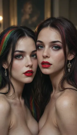 Two 18 year old vampire sisters, very long black and rainbow hair, red lipstick, black eyeliner, black eyelashes, black eyeshadow, <lora:Halloween_Series_Scary_Vampire-000009:.8>, <lora:Stunning_eyes_2:.8>, <lora:Dead_Beauty:.8>