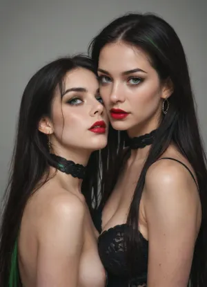 Two 18 year old vampire sisters, one with very long black hair, one with very long rainbow hair, red lipstick, black eyeliner, green eyeshadow, both wearing black neck chokers