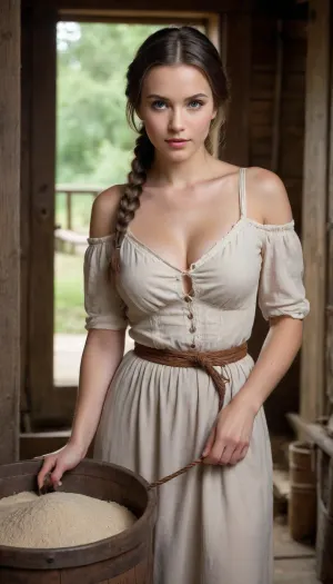 Generate, (point-of-view:1.5), an image centered around the buxom young miller's exceptionally attractive with massive breasts and reavling exposed cleavage with wide hips and narrow waist and exuding an alluring and voluptuous physique that radiates warmth and sensuality. At times her clothes slip off her shoulders, or her belt is loose at the waist revealing her beautiful body. Her braided, lustrous hair cascades gracefully down her shoulders, enhancing her captivating presence.
Her eyes are a striking and inviting feature, drawing viewers into her gaze with their soft, welcoming warmth. Long, dark eyelashes frame her eyes, emphasizing their captivating allure. Her face boasts delicate proportions, featuring a gentle blush on her cheeks, a nose, and high cheekbones. Her plump lips are full and inviting, often curved into a warm and welcoming smile. Her skin is smooth and gloosy.
The scene is set around a medieval mill courtyard, a charming and rustic wooden structure nestled in a tranquil forest. The mill's wooden structure enhances the rustic ambiance of the scene, and its waterwheel turns gently
The buxom girl is positioned near the mill courtyard, engrossed in various house chores that connect her to the daily rhythm of country life. She may be seen tending to the mill's operation, handling sacks of flour, and organizing grains scattered around. These elements add depth to the image and convey her integral role in the mill's functioning.
This image captures a timeless moment in the miller's life as she goes about her daily chores, embodying the beauty of rural life and the harmony between humanity, the mill, and the natural environment.