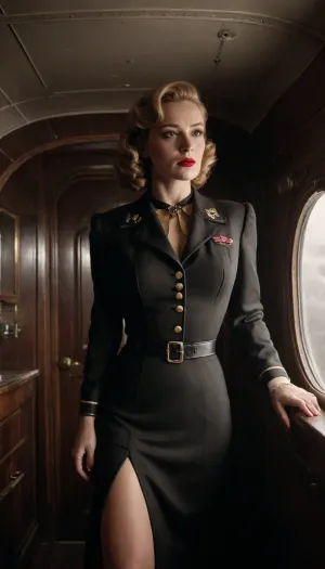 stunning sexy spy woman in seductive 1940s dress, hidden revolver in garter, inside luxurious Nazi zeppelin cabin, glowing golden artifact on display, black and white scene with only golden coffin glowing, Nazi officer mesmerized, storm clouds outside, elegant and dangerous atmosphere, noir aesthetic, soft shadow lighting