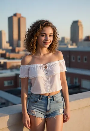A young woman with curly light brown hair stands on a rooftop, wearing a white off-the-shoulder top, a lace-up front, and blue embroidered details, paired with light blue denim shorts. She has a black bracelet on her left wrist. Her eyes are closed and she has a gentle smile on her face. The scene is a rooftop at sunset, with buildings visible in the background, and the warm, diffused sunlight casting a golden glow.