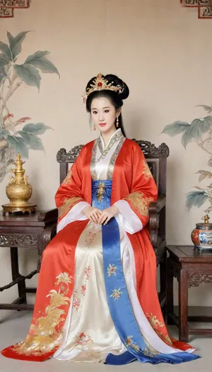 Chinese Gongbi painting style, ultra-detailed, intricate brushwork, vivid colors, historical scene, Song dynasty royal woman 45+, wearing elaborate and luxurious traditional Chinese robes, intricate gold and blue embroidery with floral patterns, elegant and beautiful face, fair skin, adorned with a jeweled phoenix crown, long flowing grey hair, sitting on a chair, poised and regal posture, traditional Chinese palace interior with ornate decorations, red and gold color scheme, subtle ink wash details, historical accuracy, dramatic and majestic compositionhistorical accuracy, dramatic composition historical accuracy, cinematic composition historical accuracy, cinematic composition, lora, (gongbiPainting:.8), (ancientChineseFemale:.6), hanfu, MOGUHUANIAO, <lora:Chinese painting_shinvhua_国画_仕女_V1.0XL:1.6>, <lora:mogu-painting-花鸟篇-sdxl_v1:1.8>