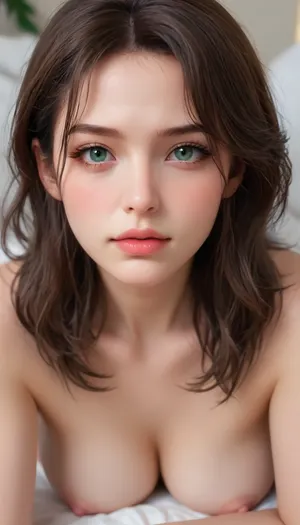 (photorealism:1.2), 8k UHD, chaste goddesses, 1girl, solo, (photorealism, (Deep-set green eyes, long eyelashes, bronze eyeshadow, S-shaped eyebrows, narrow forehead, Greek nose, lustrous full lips, thin cheeks, prominent cheekbones, strong jawline, strong chin, blush, mature makeup, flirty faces, perfect hands, perfect fingers, perfect legs, (wet lustrous toned skin:1.4), (one-side bangs), (long brown hair:1.2))), (gorgeous hourglass figure:1.2), ((photorealism, (lustrous soft breasts:1.3), (lustrous bright pink nipples:1.2), lustrous pussy)), (((nude))), ((a very luxurious bedroom, (facing viewer, (front lower view), she lying on front with her palm on her chin and propped up by her arms with her elbow as a support))), <lora:reallora1:.5>, <lora:Oxygen girl_SDXL1.0:.5>