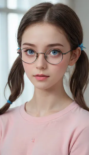 (((The whole body is visible))), nude, (photo taken in class), (((round thin-rimmed glasses))), (((narrow low face))), young face, Super realistic, perfect lighting, (best shadow), 8K, UHD, clear image, (best lighting), highest quality, ultra-detailed images, fine details, high resolution, 8k, (skinny waist), (skinny), Euro-American, (18 years old), bright blue eyes, dark brown hair, pigtails, very detailed face, blush, white skin, tt_flat, BJ_Oxygen, krnpp, <lora:reallora1:.5>, <lora:Oxygen girl_SDXL1.0:.5>, <lora:karina_sdxl_v10:.5>