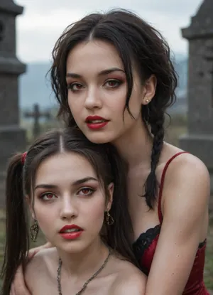 (((two 18 year old vampire girls))), midevil, glowing red eyes, black eyeshadow, sad face, closed mouth, one with black hair with rainbow hair, pigtails, red lipstick, vampire, vampire teeth, K-9 fangs, in a dark graveyard, bound in chains, pale skin, pale, skin, <lora:Pale_Skin_SDXL_v1.0:.8>, supermodel, face, big, lips, <lora:Beautify-Supermodel-SDXL:.8>, <lora:ahxl_v1:.8>, Subspecies, style, <lora:Subspecies style:.8>