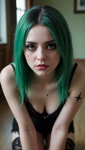 A goth girl's skin cracks like pale ceramic falling to the floor. Green hair. Cinematic film still, shot on v-raptor XL, film grain, vignette, color graded, post-processed, cinematic lighting, 35mm film, live-action, best quality, atmospheric, a masterpiece, epic, stunning, dramatic