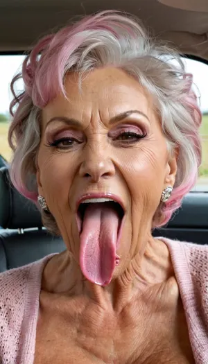 smile skinny brigitte nilsen old granny, smile gilf streches out her extreme long tongue, usa pervert old bodybuilding muscle woman gilf with long tongue, silikon fake boobs, open her mouth big, waiting for cumshot, in bed, smokey, lipstick, ginger short pixie hair cut, with very massive tits hugh boobs, sticks her extreme long tongue out of her mouth, big open mouth, in a car, wearing a silver pink rose transparent diamant silver tight sweater with tits free hole, hairstyle after sex, make up running down, kinky crazy granny, addamsava, <lora:Ava_Addams_SDXL-000015:.8>