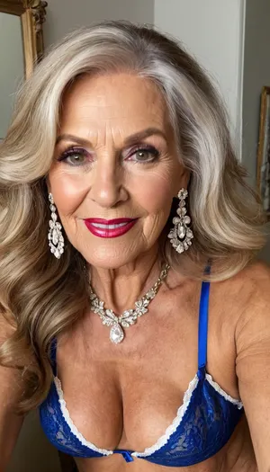 old granny mature, sexy 70 years, dark blonde, long wave hair, tan skin, very glamour, huge hoop earrings, necklace, heavy make up, heavy make up on eyes, thin, tiny little tits, at the fancy room, selfie face focus, looking at the camera, very cute lovely flirting shy smile face, charming, very hot and horny, royal blue/white sexy bra lingerie