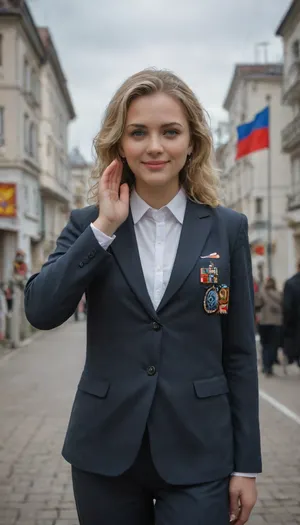 1women, pretty, salutes, russia flag, blonde hair, blue sky, smile, flag, flag_background, formal, jacket, no pants, outdoors, realistic, suit, white house at background, detailed photo, photorealistic photo, realistic night vision, soft focus