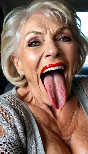 smile skinny brigitte nilsen old granny, smile gilf streches out her extreme long tongue, usa pervert old bodybuilding muscle woman gilf with long tongue, silikon fake boobs, open her mouth big, waiting for cumshot, in bed, smokey very dark eyes, lipstick, ginger short pixie hair cut, with very massive tits hugh boobs, sticks her extreme long tongue out of her mouth, big open mouth, in a car, wearing a red transparent diamant silver tight sweater with tits free hole, hairstyle after sex, make up running down, kinky crazy granny, she get crazy from horny, near her big open mouth