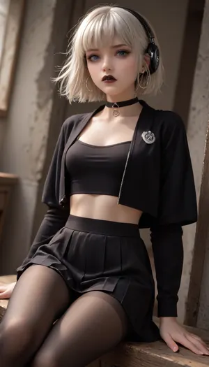 a stunning russian woman, choker, her hot body dressed with grimacing expression, clenching, winching, in pain, worried flustered angry moaning orgasm grimacing expression, ((small perky breasts)), ., (photorealistic, natural beauty, goth makeup, black lipstick, eyeshadow, eyeliner, long eyelashes), hoop earrings, fine details, high quality, 8k, very detailed, high resolution, exquisite composition and lighting, natural beauty, casual photo, skinny, black hair, pretty eyes, beautiful face, (bob cut hair, (Motoko Kusanagi:1.2)), 1girl, solo, breasts, looking at viewer, bangs, skirt, hair ornament, long sleeves, navel, jewelry, jacket, white hair, pantyhose, (cameltoe:.6), shorts under skirt, pleated skirt, open clothes, shoes, midriff, cat headphones, white footwear, foreshortening, dynamic pose, extreme perspective, badge, masterpiece, best quality, very aesthetic, amazing quality, absurdres, newest, dynamic_angle, cinematic_angle, dutch angle, from_side, face_focus, eyes_focus, close-up, <lora:princess_xl_v2:.8>, <lora:add-detail-xl:.8>