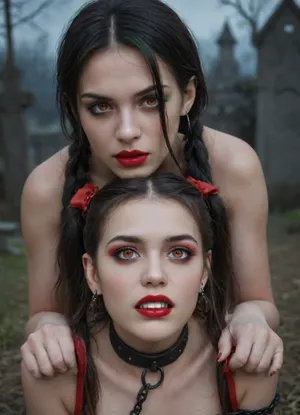 (((two 18 year old vampire girls))), midevil, glowing red eyes, green eyeshadow, sad face, closed mouth, one with black hair with rainbow hair, pigtails, red lipstick, vampire, vampire teeth, in a dark graveyard, bound in chains, pale skin, pale, skin, <lora:Pale_Skin_SDXL_v1.0:.8>, supermodel, face, big, lips, <lora:Beautify-Supermodel-SDXL:.8>, <lora:ahxl_v1:.8>, Subspecies, style, <lora:Subspecies style:.8>