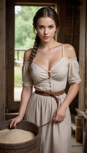 Generate, (point-of-view:1.5), an image centered around the buxom young miller's exceptionally attractive with massive breasts and reavling exposed cleavage with wide hips and narrow waist and exuding an alluring and voluptuous physique that radiates warmth and sensuality. At times her clothes slip off her shoulders, or her belt is loose at the waist revealing her beautiful body. Her braided, lustrous hair cascades gracefully down her shoulders, enhancing her captivating presence.
Her eyes are a striking and inviting feature, drawing viewers into her gaze with their soft, welcoming warmth. Long, dark eyelashes frame her eyes, emphasizing their captivating allure. Her face boasts delicate proportions, featuring a gentle blush on her cheeks, a nose, and high cheekbones. Her plump lips are full and inviting, often curved into a warm and welcoming smile. Her skin is smooth and gloosy.
The scene is set around a medieval mill courtyard, a charming and rustic wooden structure nestled in a tranquil forest. The mill's wooden structure enhances the rustic ambiance of the scene, and its waterwheel turns gently
The buxom girl is positioned near the mill courtyard, engrossed in various house chores that connect her to the daily rhythm of country life. She may be seen tending to the mill's operation, handling sacks of flour, and organizing grains scattered around. These elements add depth to the image and convey her integral role in the mill's functioning.
This image captures a timeless moment in the miller's life as she goes about her daily chores, embodying the beauty of rural life and the harmony between humanity, the mill, and the natural environment.