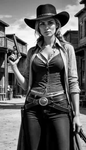 Gunslinger woman, cowboy outfit, holding revolver, spaghetti western movie town, noon, Ink drawing art style, bold lines, expressive strokes, high contrast, intricate details, dynamic compositions