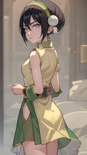 (masterpiece, best quality:1.2), lyco, (atla_tophbeifong-10:1), cowboy shot, solo, 1girl, toph beifong, blind, expressionless, short hair, hair bun, hairband, grey eyes, (little_girl), chinese clothes, chara-sheet, masterpiece, best quality, (Front and back view), 360 degree view, (simple backgound), <lora:atla_tophbeifong-10:.5>, <lora:TOPH-V2:.5>, <lora:character-sheet-03:.7>