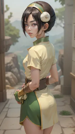 (masterpiece, best quality:1.2), lyco, (atla_tophbeifong-10:1), cowboy shot, solo, 1girl, toph beifong, blind, expressionless, short hair, hair bun, hairband, grey eyes, (little_girl), chinese clothes, chara-sheet, masterpiece, best quality, (Front and back view), 360 degree view, (simple backgound), <lora:atla_tophbeifong-10:.5>, <lora:TOPH-V2:.5>, <lora:character-sheet-03:.7>
