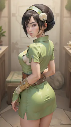 (masterpiece, best quality:1.2), lyco, (atla_tophbeifong-10:1), cowboy shot, solo, 1girl, toph beifong, blind, expressionless, short hair, hair bun, hairband, grey eyes, (little_girl), chinese clothes, chara-sheet, masterpiece, best quality, (Front and back view), 360 degree view, (simple backgound), <lora:atla_tophbeifong-10:.5>, <lora:TOPH-V2:.5>, <lora:character-sheet-03:.7>