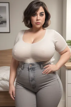 (we see her body from a dynamic angle from the front), (((1gilf))), ((medium hair)), bob cut, dark hair, ((hair with grey streaks)), 55yo, obese, thick, thighs, love handles, fat rolls, waist, fat, award winning, artstation, photorealistic, uhd, standing in front of a white bed, medium sagging breasts, looking at viewer, eye contact, cellulite, pale skin, (big eyes), tanlines, (wearing unbuttoned tight highwaist jeans), plain t-shirt, (fupa), (cameltoe), chubby
