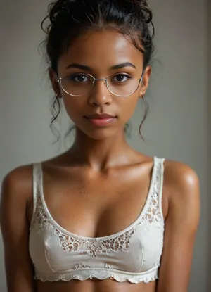 score_9, score_8_up, Ultra definition image, high detailed photorealistic, upper portrait, realistic adult skin, focus on eyes, with glasses, ((dark skin:1.8)), african ebony girl, Slim Body, small waist, tiny ass, slim 18-year-old, (slender:1.1), (skinny:1.1), extremely beautiful, perfect cute adorable face, pinup pose, (sculpted nose), (pretty face, narrow face), (narrow head), cheekbones, dark black hair, (short hair), (very curly hair), long thick eyelashes, (smile:1.1), (eyeliner:1.2), stomach, navel, seductive gaze, expressive eyes, (large brown eyes), detailed eyes, (tanned body:1.2), (tan lines:1.4), (oiled body:1), ((sweaty body:1)), (lace denim mini skirt:1.6), (white t-shirt:1.6), (t-shit writen PUTINHA), . Showing full body, stand up, with panties, with miniskirt, seductive look, (vivid colors:1.5), (high contrast:1.8), (volumetric lighting), (maximum quality:1.5), (high resolution:1.5), (ultra realism:1.5), ((focus on whole body)), 32k, 30 mm lens, 1/250 s, f/2.8, ISO 300, melanin, <lora:MJ52:.7>, <lora:Super_Eye_Detailer_By_Stable_Yogi_SDPD0:.8>, <lora:melanin-XL:1.4>