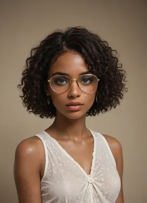 Slender beatiful ebony girl, 19 years old, african hair, short hair, curly hair, with glasses, melanin, <lora:melanin-XL:2>
