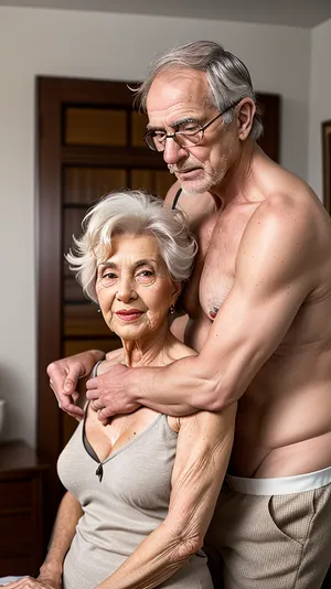 An ugly and elderly old man with a big nose, dark and wrinkled skin, looking at a beautiful and elegant 69-year-old woman, who came to visit her husband's sick grandfather who, to her surprise, can still do things that people her age can no longer do, the 69-year-old topless married woman with a slim body and thin hips, and flat, natural sagging breasts, naked and exposing her natural sagging breasts to the ugly and elderly old man who was surprised to see the nakedness of her chest, knowing that no one would see it then, in the living room, detailed background, The ugly and elderly old man stretched out his left hand to grab one of the 69-year-old woman's breasts while looking at her seductively, she just closed her eyes and looked away in disgust as soon as she felt his old, wrinkled hands, detailed facial features, in an intimate atmosphere, realistic, high resolution, sensual, warm lighting, cinematic, full body, cinematic view, <lora:boobg4:.5>