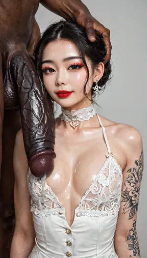 Cute white lace top, detailed finger, detailed anatomy, detailed face, beautiful face, Korean woman next to muscular African men, extremely beautiful, (((Korean, stereotypical Korean))), long thick eyelashes, eyeliner, (((tattoos))), mascara, thin lips, red lipstick, close up, octane render, stunning beauty, HD, 4k, soft light, masterpiece, soft shadow, Korean eyes, small nose, button nose, small chest, cheekbones, lean body, super waist, long legs, thigh gap, tight body, busty thighs, thick hips, face, pinup pose, choker, cleavage, grabbing massive balls, black cock on face, enormous black cock, gigantic black cock, cum dripping from massive black cocks onto her breasts, hyper girth, grabbing her head, black cocks extending down to cleavage, oiled cocks, thickest black cocks, +20, fit, natural breast, evil smirk, full body shot