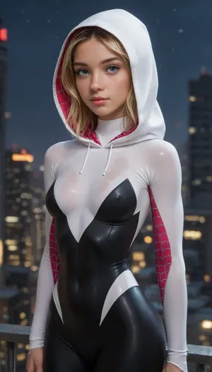night, (((18 years old))), (((young))), (spider girl Gwen Stacy), Braided side Side Cornrows Hair, (tight outfit), athletic body, hood on head, hip gap, (narrow waist:1.5), (blonde with pink strands), ((pussy cameltoe:.6)), (wet tight bodysuit), hand, 1girl, medium natural breast, (high detailed face:1.5), ((rear view, view from behind)), <lora:HandFineTuning_XL:1>, <lora:MGLRbodysuit_sdxl:.6>, <lora:uberfit_lora_sdxl:.4>