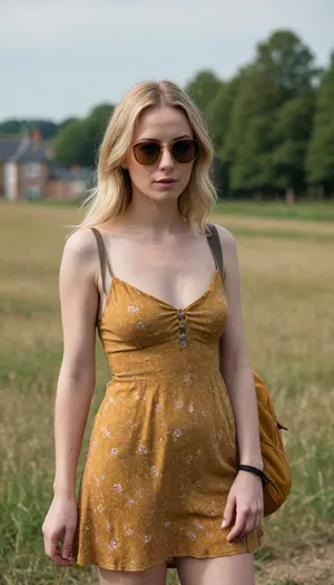60fps, UHD, 4K, high qulaity. High definiton, photorealistic, real, believable, candid, voyeur, side view.

In a small field, worn grass, buildings in the background.

Slim 45yr old woman. Long straight blonde hair, pale skin, freckles small natural breasts.

She is wearing a knee length summer dress, loose fitting, in mustard yellow, with no bra, visible pantyline. She holds a small floral rucksack in her left hand and a phone in her right hand, shea is wearing large tortouliseshell rimmed sunglasses.

Thw wind has blown the dress away from her left brest and her nipple is visible.