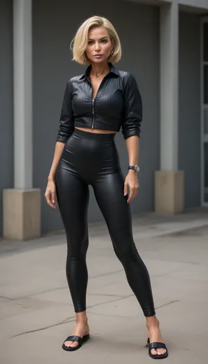 athletic female fitness mommy, milf, (55 years old), torpedo breasts, tall, tanned, skinny, (striped dress shirt:1), (low waist black skin tight leather leggins:1), (low leather sandals), blonde pixie haircut, expensive patek philippe natilus sports watch, rich, posh, chavette, (skin:1.3), [GothGal, better_leggings], skintight, pants, shredded, woman, style, txbeachlovers, uberfit, athletic, f1t_k1tty, SaggySlimXL, uhang, yhang, 111cine8matic55, <lora:weight_slider_v2:-1>, <lora:age_slider_v20:1>, <lora:CineStyle5:.6>, <lora:MJ52:.8>