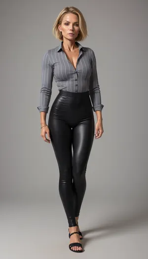 athletic female fitness mommy, milf, (55 years old), torpedo breasts, tall, tanned, skinny, (striped dress shirt:1), (low waist black skin tight leather leggins:1), (low leather sandals), blonde pixie haircut, expensive patek philippe natilus sports watch, rich, posh, chavette, (skin:1.3), [GothGal, better_leggings], skintight, pants, shredded, woman, style, txbeachlovers, uberfit, athletic, f1t_k1tty, SaggySlimXL, uhang, yhang, 111cine8matic55, <lora:weight_slider_v2:-1>, <lora:age_slider_v20:1>, <lora:CineStyle5:.6>, <lora:MJ52:.8>