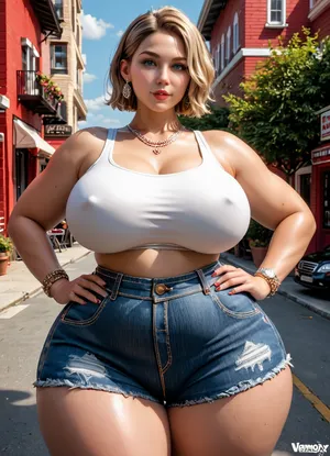 3/4 front view, bbw, PAWG, tight top tight jean shorts, trailer park, huge ass