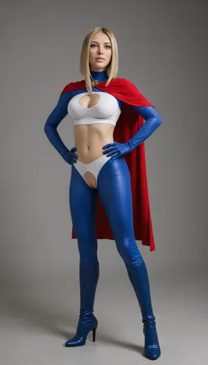 a gorgeous woman, stunning figure, naked, (long silky blonde hair:1.1), (asymmetrical long bob haircut:1.5), (big tits:1.1), ((short spandex white top+long sleeves+breast cutout:1.1)), (spandex white crotchless bikini bottom+pussy exposed:1.1), ((red cape:1.1)), ((blue gloves:1.1)), (hero pose+hands on hips:1.2), nsfw, legs exposed, ((knee high blue leather boots+stiletto heels:1.1))
