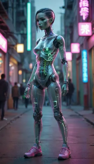 zoomed out full body portrait, ((Asian cyborg girl with transparent skull with visible wires and plasma inside her skull:.8)), human face with many scars looking to the side, robotic skeleton with pink lights and green lights, walking on cyberpunk street, show shoes, <lora:PAseer-SDXL-Transparent Robot:.5>