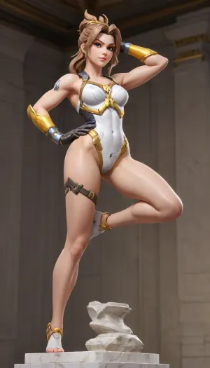 ((((marble statue, Brigitte from overwatch)))), solo, dancing alone, pussy, (huge breasts), (((no background)))