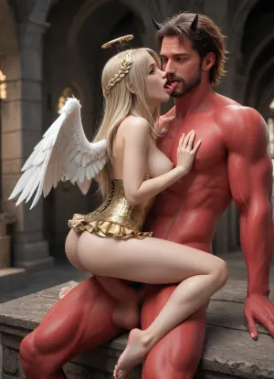 masterpiece, high quality, 8k, detailed face, a beautiful angel aurela woman big white wings big breasts big ass long blonde hair wearing a golden sex armor mini skirt and corset very low-cut breasts, being fucked by two big red muscular demon giant penis with goat legs and big black horns in a dungeon, full body scene, around, vaginal sex, anal sex, oral sex, hardcore sex, angel open mouth, tongue out, horny face