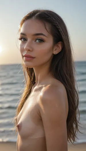 (((Very petite young girl))), smirk, (side view), (portrait focus face), ((portrait lanina girl)), (((very black straight hair))), (very long hair), close-up girl, upper body, (big eyes), perfect tight body, shiny sweaty skin, shaved smooth pussy, standing in the Maldives, beach, ocean, bright sun rays, (makeup:1.2), ((wide hips)), ((narrow waist)), (tanned skin:1.8), ((big lips)), ((oiled skin)), (((pimples moles all over the body))), (ultra realistic:1.3), (maximum quality:1.3), (high resolution:1.3), (extreme detail:1.3), (ultra realism:1.3), (maximum detailed skin:1.3), (((long big thick black eyelashes))), (((eye contact sexy look model)))