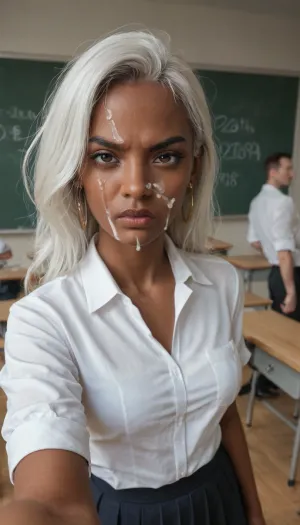 Angry, dark skinned female, white hair, 18 year old girl, Look a viewer, frown, face covered cum, cum on face, facial cum, angry expression, walking, classroom, Model, white collared shirt, selfie