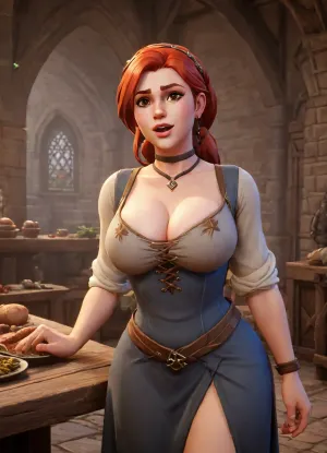 Video game character design, yong busty vendor, (grocer), 1girl, ponytail, red hair, (huge tits:1.5), slim, ((deep cleavage)), Freckled face and chest, (tight medieval dress:1.7), kerchief on head, ((massive breasts barely overflowing from the chest of the dress:1.3)), (hyper tits medieval girl:1.3), (Happy atmosphere), looking at viewer, smile, food, solo focus, multiple girls in the background, realistic, vegetable, salad, ((cute face)), masterpiece, (best quality:1.1), (depth of field:1.1), very detailed, video game graphics, 3d design, 3d graphic, 3d anime, cartoon, Anime, zenless zone zero graphics style, genshin impact graphics style, stylized shader, 3d anime videogame shader, perfect hands, perfect fingers, stylized, detailxl, ForniteStyle, arcane, style, zenless zone zero, overwatch, <lora:sxz-texture-sdxl:1>, <lora:OWStyleYeiyeiArt-8:.7>, <lora:arcane_style_xl_v1:1.2>