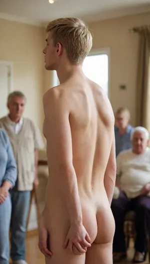 A young carer, (man), 25 years old, slim, blond, handsome, petite face, stands naked in front of senior citizens in a retirement home. He can only be seen from behind.