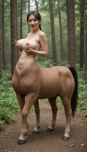 woman, (photorealistic:1.2), solo, (full body, from side), (Asian:2), (nude sexy fit female, (centaur, humantaur), with second human body, four legs, pussy), (ideal face, makeup, smile, brown hair, big breast), (lactating tits:1.4), (red lipstick:1.2), (forest:1.2), <lora:humantaurs_02_20_merge_sdxl:1>