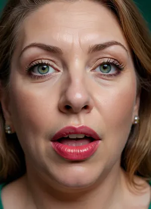 Photo of a pretty obese woman with beautiful eyes, ((Nikon Z8)), realistic matte skin, wrinkles, skin texture visible, (sharp focus), (high quality), (face visible), ((Detailed Face and Eyes)), ((Armenian woman)), ((full-frame photo)), lustful eyes, (long light brown hair), (highly detailed hair), (realistic), soft focus, analog look, insanely detailed, highest quality, green eyes, looking at viewer, (mouth open:1.3), (realistic:1.3), (shadows:.9), film camera, analog, photo, film grain, realistic face, full lips, perfect chubby face, Photo of a 65 year old mature woman, <lora:chest_adjust:.7>, <lora:add-detail-xl:.8>, <lora:DetailedEyes_V3:.5>, kissing, cum on lips, lipstick