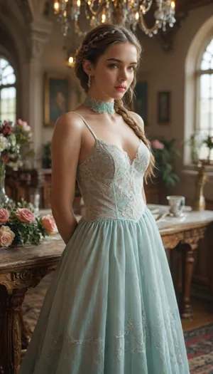 Couture, Colourful steam, beautiful lady arranging flowers in a antique vase, long gown, emerald collar, delphiniums, peony, peppermint, embroidered lace, chandelier, glittery smoke, beautiful model braided hairstyle, light rose, light green, light yellow, and peach, <lora:MJ52:.5>
