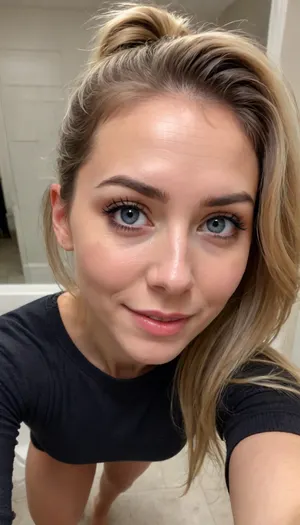 ((ultimate quality:1.5)), score 9, score 8, iphone bathroom mirror selfie, form-fitting black sweater dress with lace seams, long sleeves, sheer dark pantyhose, tack sharp, UHD, Uncomfortable, shy pose, vulnerable, please stop, mobile selfie, full mirror selfie, bathroom mirror selfie, nice smile, side smile, smouldering look, Picture taken at unique angles, sexy selfie, funny selfie, silly face, Instagram selfie, Facebook selfie.

About her, She is 39 years old female mom, wife, her height is 175cm., ((smokey blonde thick hair in a messy ponytail)), .
long round oval face, blue eyes, ., (small bust), size b breasts, sagging tits, perky little breasts, Sun Tanned skin.
Hair is long full and bouncy., very, dark, focused, flash, photo, <lora:sdxl_darkflash_v6-000060:1>